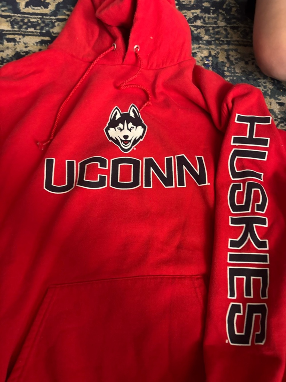 Vintage UConn Champion Red Pullover Hoodie with Branded Label